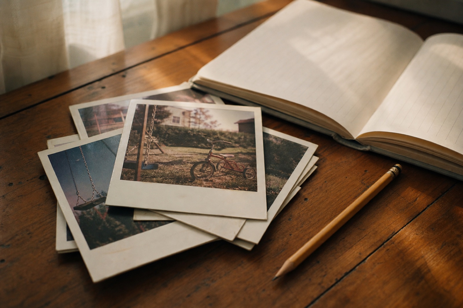 Instant photos and a notebook on a warm wooden table
